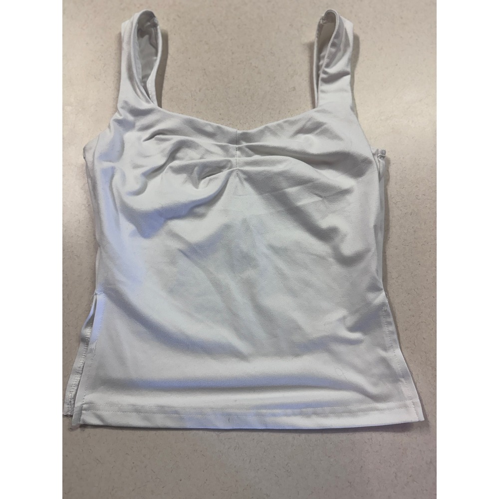 White Ruched Bust Square Neck Tank Top Sleeveless Side Slit Size Small